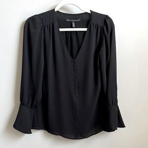 WHBM size XXS black vneck flowy blouse with bell sleeve detail